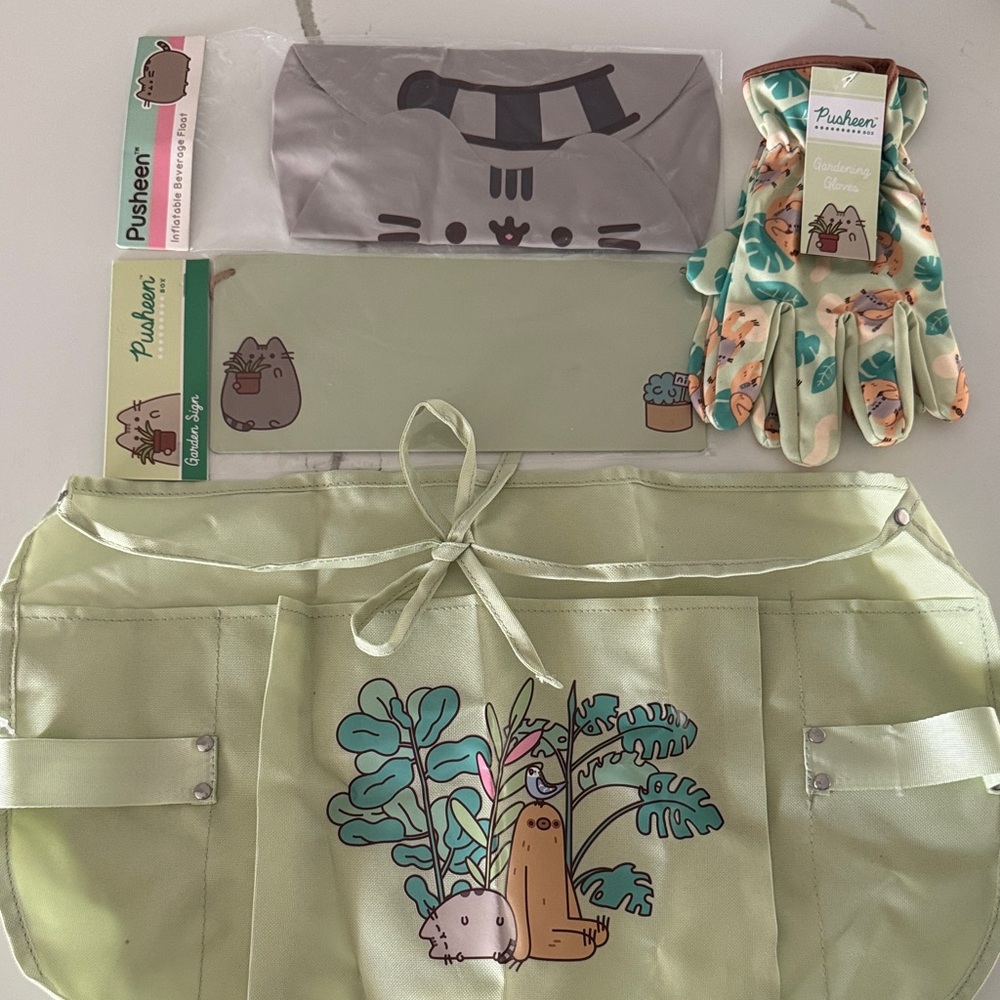 Pusheen Green Gardening Apron, Gloves, Metal Sign, and Drink Pool Float Set NWT